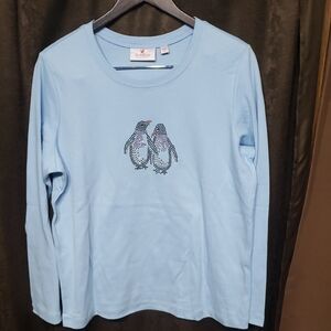 Quacker Factory Sky Blue Top with Penguin Motif Deceased Grandmother's Love